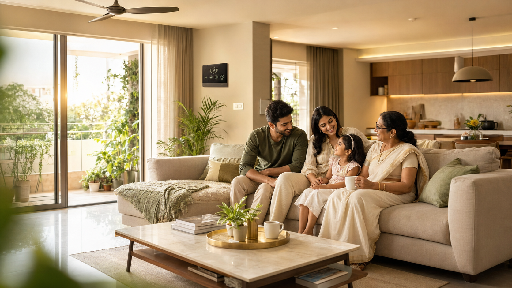 Happy family relaxing in a sustainable apartment living room