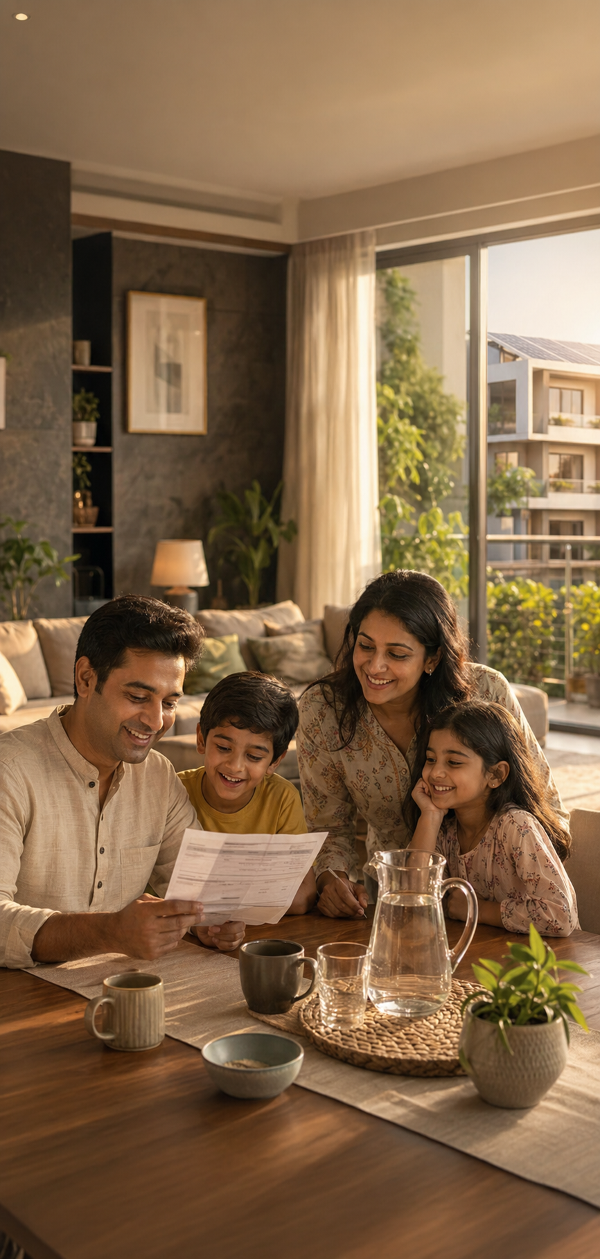 Family enjoying zero-bill living from the balcony at Srivari Green