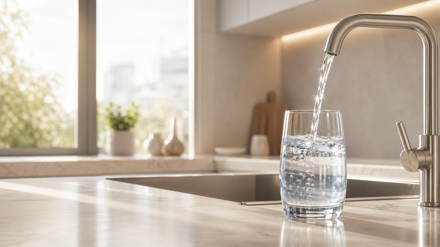 Clear drinking water flowing into a glass in a modern home